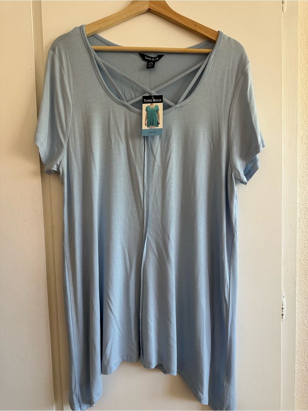 Women's Light Blue Short Sleeve Crisscross Neck Top